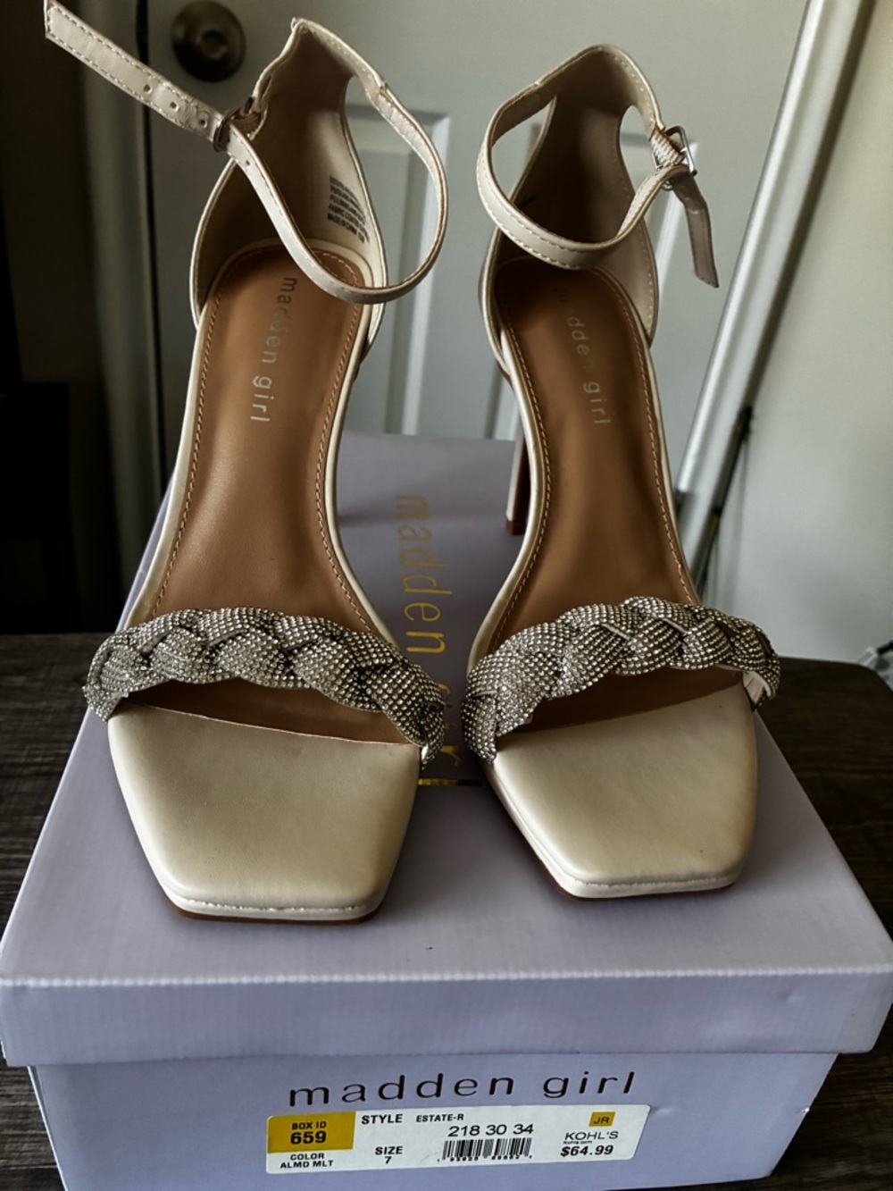 Madden Girl Cream Braided Rhinestone Ankle-Strap Heels CJ